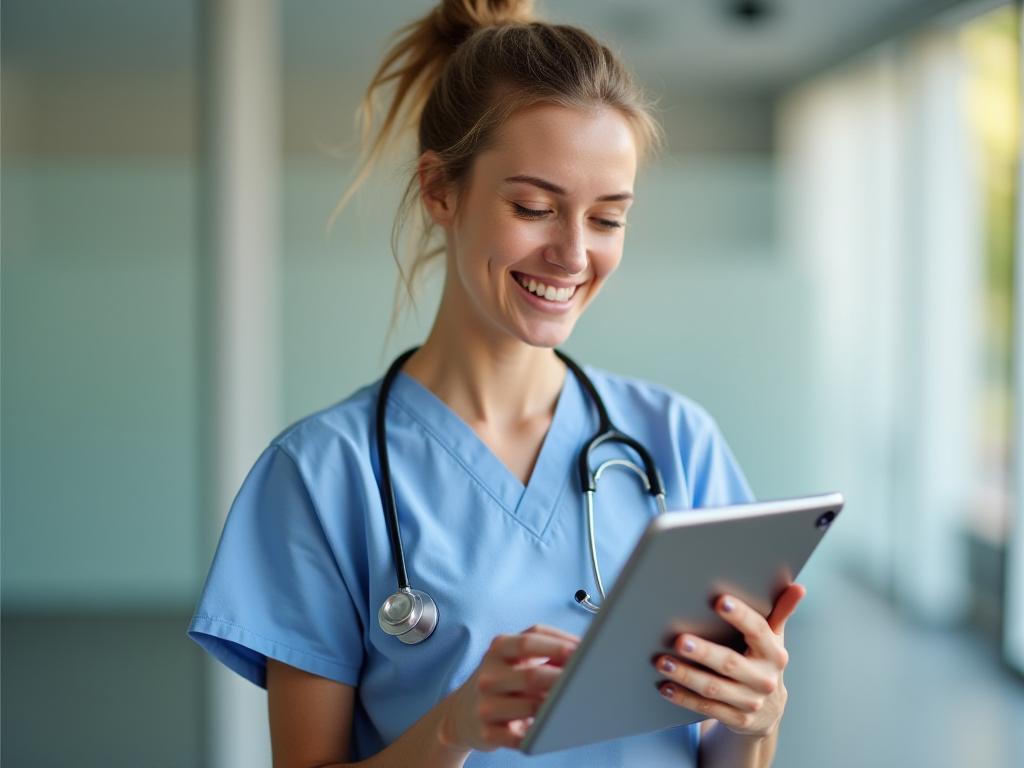 Smiling allied health professional accessing resources on a tablet